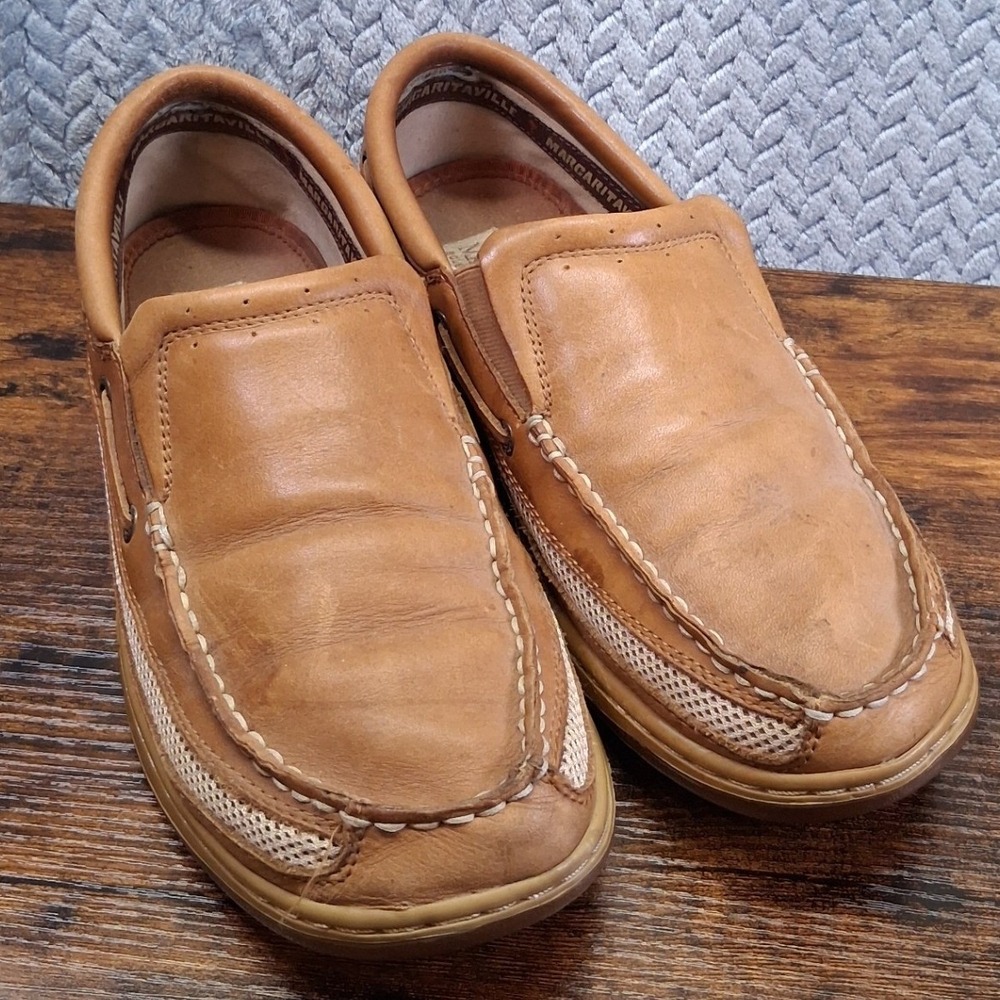 Margaritaville Mens Diamond Head Leather Slip On Boat Shoes Tan Size 11